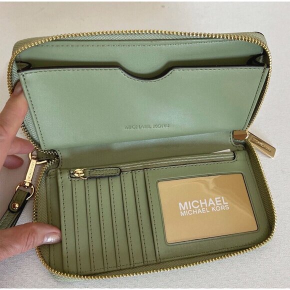S Michael Kors Jet Set Travel Phone Case Wallet Wristlet Army Green Leather - Picture 5 of 7
